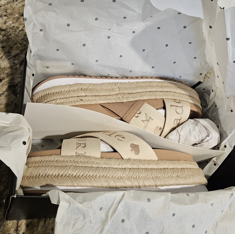 kate spade Beige Cross-Band Platform Espadrille Slides - Picture 4 of 10